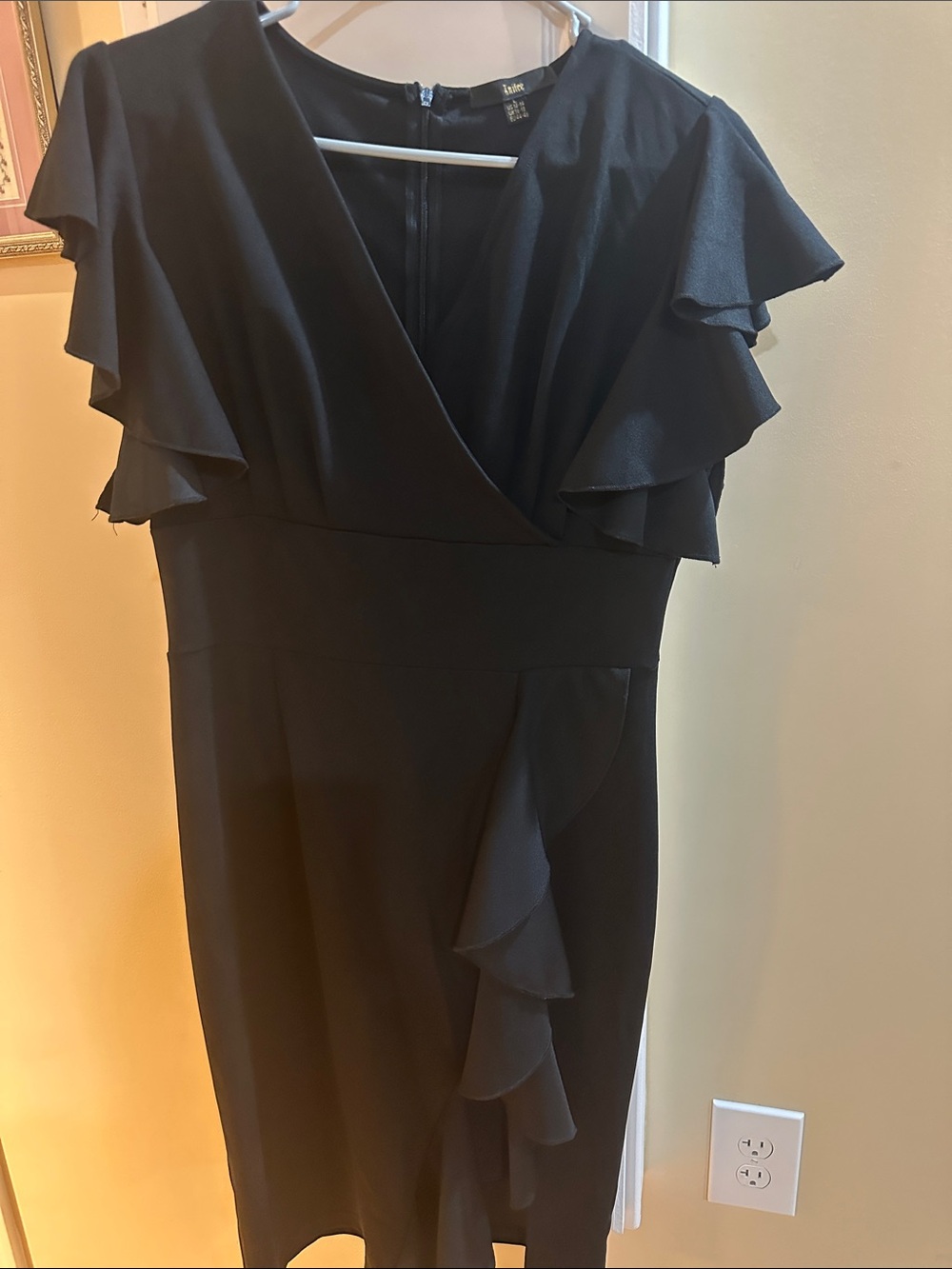 Black Ruffle-Trim Midi Dress with Flutter Sleeves